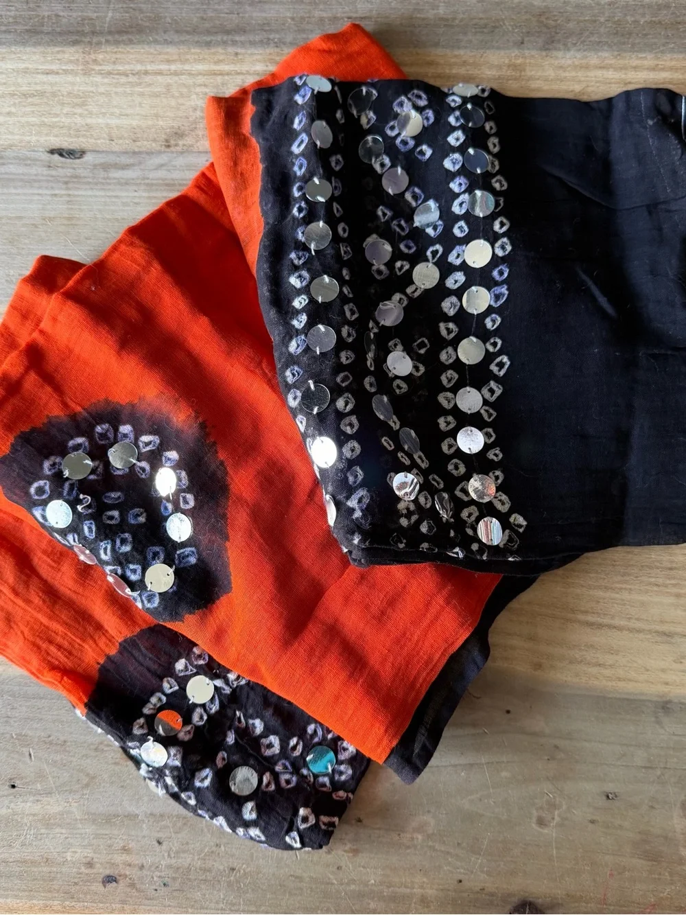 Sequined Black and Orange Bellydance Hip Scarf - Bold Contrast